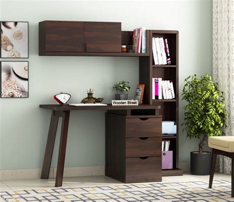 Buy Grande Study Table With Three Drawers And Bookshelf Walnut Finish