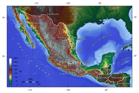 Large Topographical Map Of Mexico With Major Cities Mexico North