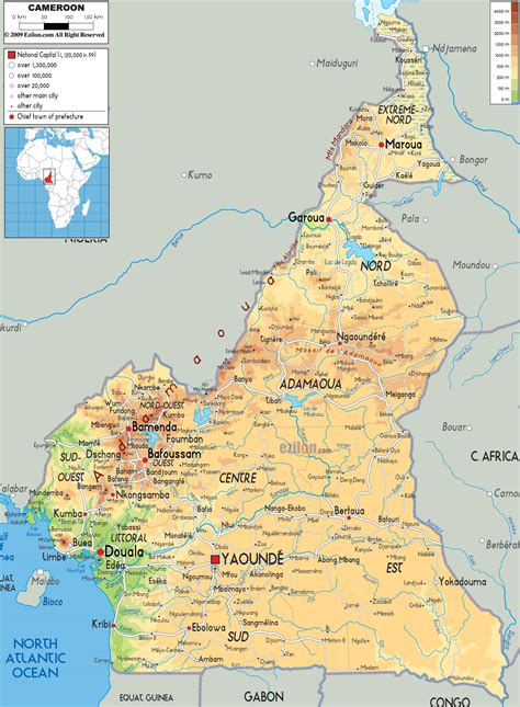 Large Physical Map Of Cameroon With Roads Cities And Airports