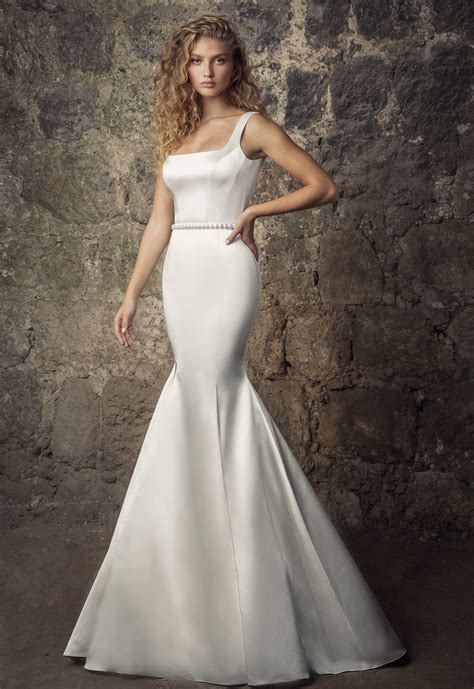 Sleeveless Satin Square Neck Mermaid Wedding Dress With Pearl Belt And