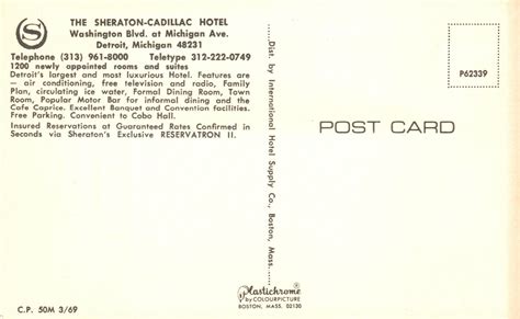 Vintage Postcard The Sheraton Cadillac Luxurious Largest Hotel Detroit