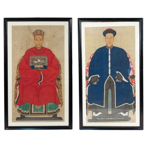 Pair Of 19th Century Chinese Watercolor Ancestor Portraits For Sale At
