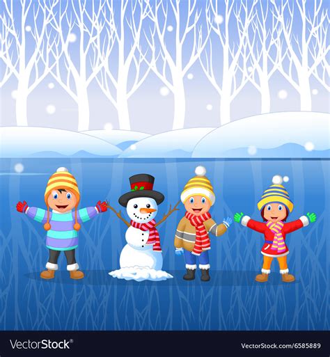 Cartoon Kids Playing On Snow In Winter Time Vector Image