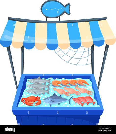 Fish Store Stand Cartoon Grocery Market Stall Isolated On White