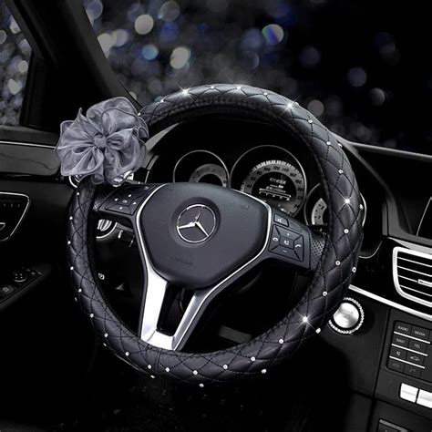 Black Leather Steering Wheel Cover With Lace Flower Carsoda