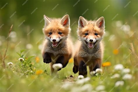 Premium Ai Image Cute Red Fox Pups Playing In The Meadow