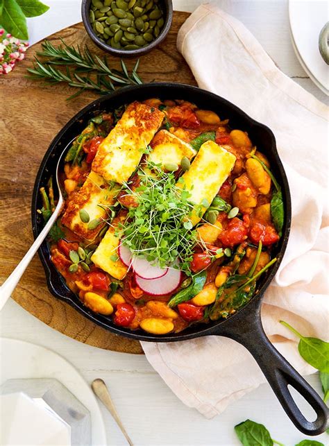 Smoky Saffron Baked Beans With Greens And Halloumi Dish Home Recipes