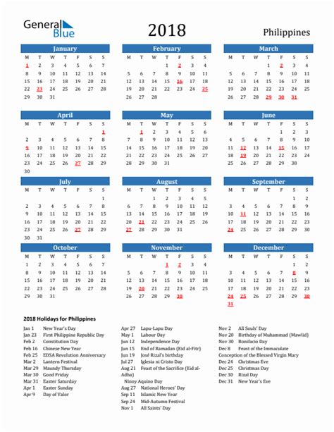 2018 Philippines Calendar With Holidays