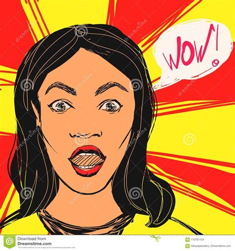 Pop Art Surprised Brunette Woman Face With Open Mouth Cartoon Vector 85902969