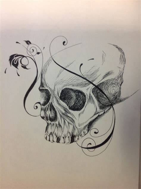 Pen And Ink Skull And Filigree Drawing