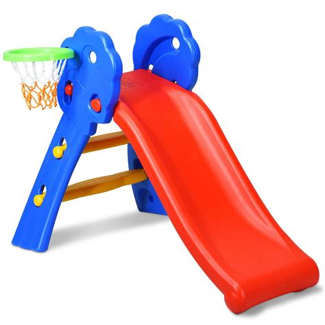 Gymax 2 Step Children Folding Slide W Basketball Hoop For Kids Indoor