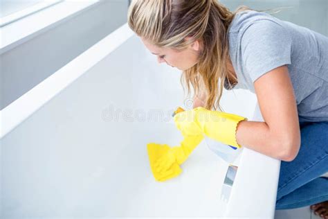 Woman Cleaning The Bath Tub Stock Photo Image Of Indoors Leisure