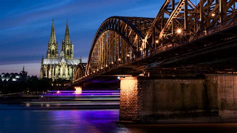 Wallpaper Night City Lights Bridge Cologne Germany 1920x1080