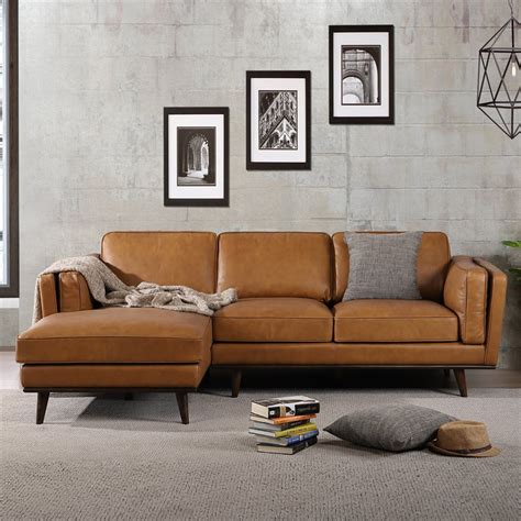 Mid Century Modern Brooklyn Tan Genuine Leather Sectional Sofa Left