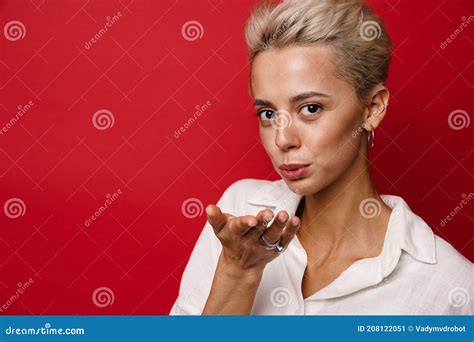 Happy Beautiful Blonde Girl Blowing Air Kiss At Camera Stock Image Image Of Isolated Kiss