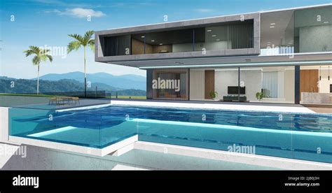 Luxury Villa Exterior Design With Beautiful Infinity Pool 3d Rendering