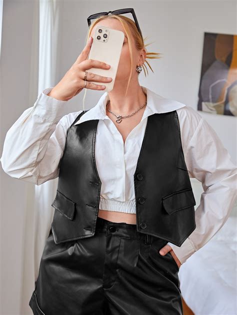 Black Casual Collar Sleeveless PU Leather Plain Vest Embellished Slight