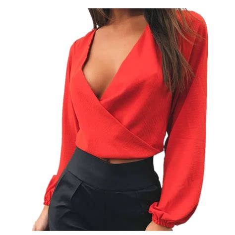 long sleeve deep v neck tops 2018 autumn women blouse sexy wrap crop tops club party blouse