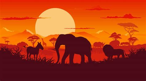 African Sunset Landscape With Animals Silhouettes 24081605 Vector Art