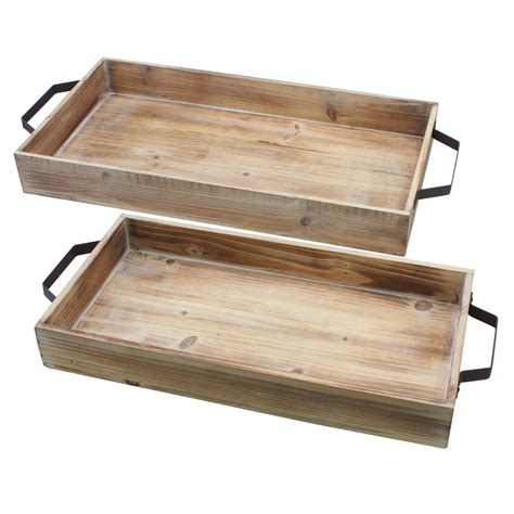Stonebriar Collection Rustic Torched Wood Serving Tray Set With Handles