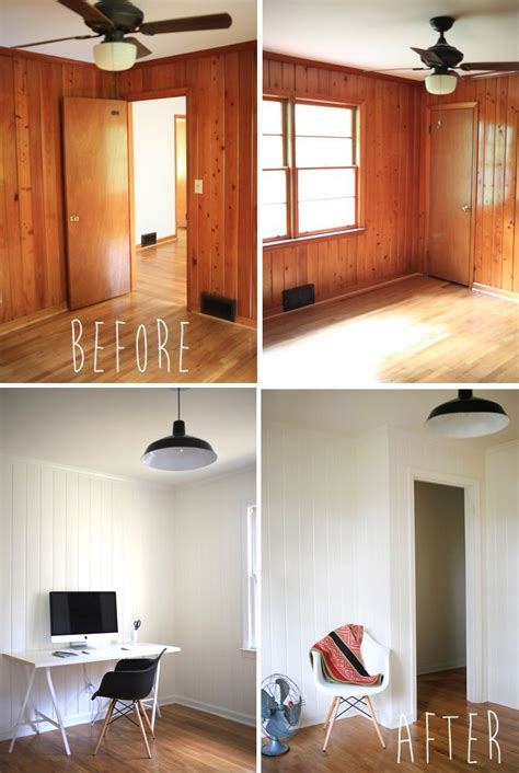 If there is old paint on the surface of the wood panel, remove this layer with some paint stripper and a paint remover tool. painted wood panelling - before and after | Paneling makeover