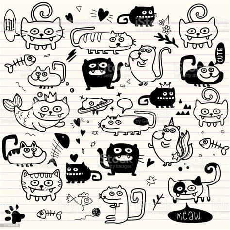 Activities Funny Doodle Cats Set Vector Hand Drawn Illustration Pattern