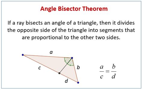 In a right triangle $\delta abc$ where the right angle is at vertex $c$, the length of sides are usually denoted by $a,b$ and $c$ and the. Angle Bisector Theorem (examples, solutions, videos ...