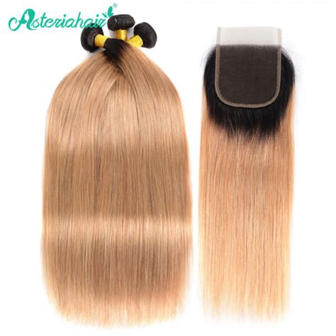 1B 27 Hair Color Brazilian Straight Weaves 3 Bundles With Closure