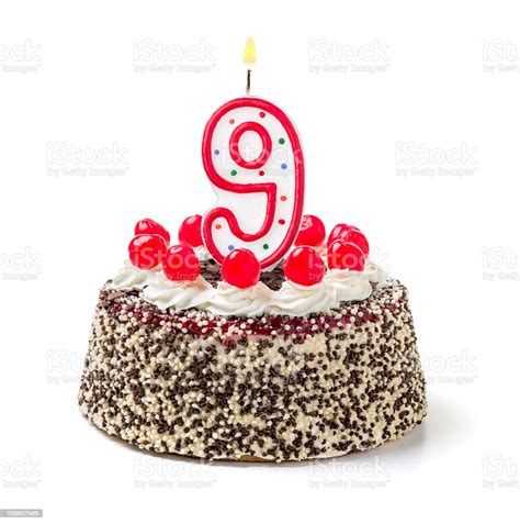 Birthday Cake With Burning Candle Number 9 Stock Photo Download Image