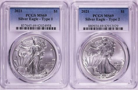 Lot Of 2 2021 Type 1 And 2 1 American Silver Eagle Coins Pcgs Ms69