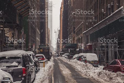 Slushy New York City Midtown Street During A Strong Snow Storm Blizzard
