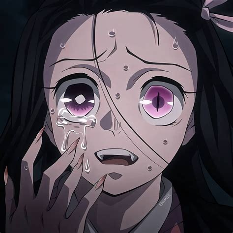 An Anime Character With Purple Eyes Holding Her Hand Up To Her Face
