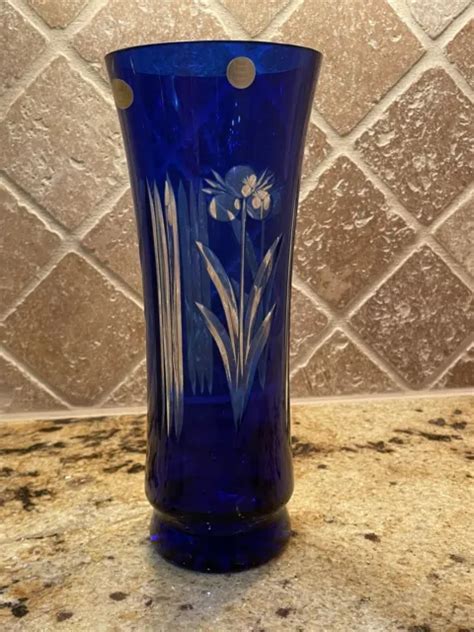 Vintage Bohemian Cobalt Blue Cut To Clear Crystal Czech Floral Flowers Vase 79 99 Picclick