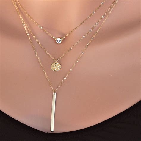 Gold Three Layered Necklace Three Necklace Set Bar Necklace