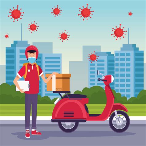 Courier In Motorcycle Delivery Service With Covid 19 1252074 Vector Art