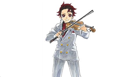 Demon Slayer Tanjiro Kamado Wearing Gray Suit And Pant Playing Violin