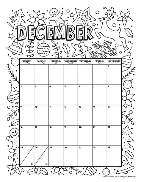 December 2018 Coloring Calendar Page Woo Jr Kids Activities