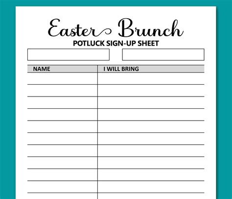 Easter Brunch Potluck Sign Up Sheet Printable Signup Form For Potluck
