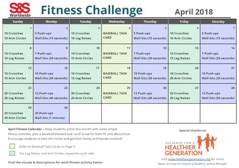 April Fitness Challenge Calendar Sands Blog