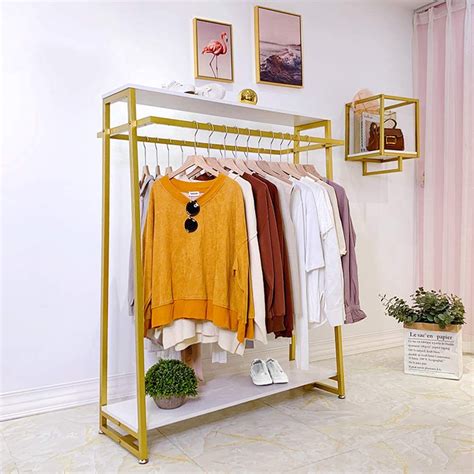 Fonechin Metal Garment Rack With 2 Wood Shelves Gold