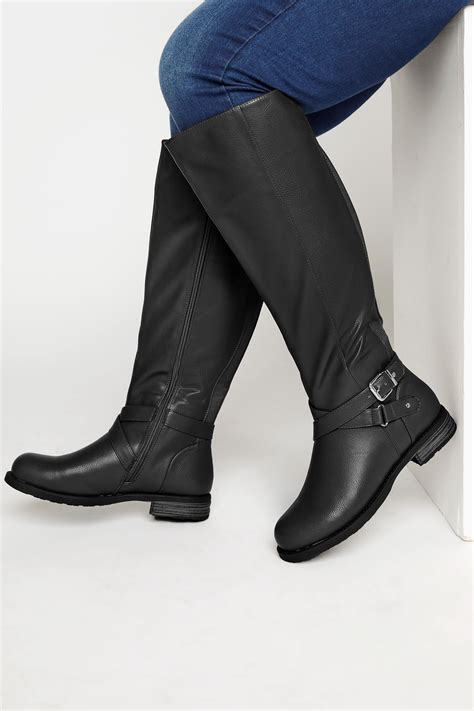 Black Faux Leather Knee High Boots In Wide E Fit And Extra Wide Ee Fit
