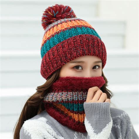 Ht2083 Winter Hat Scarf Set Thick Warm Knitted Hats And Scarf Big Pompon Ball Beanies Ladies Ski