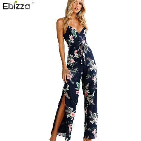 Ebizza V Neck Floral Print Spaghetti Strap Jumpsuits Women Sexy Split