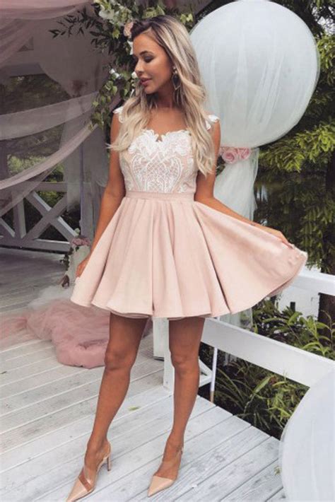 Cute A Line Satin Pink Homecoming Dresses Graduation Dress With Lace