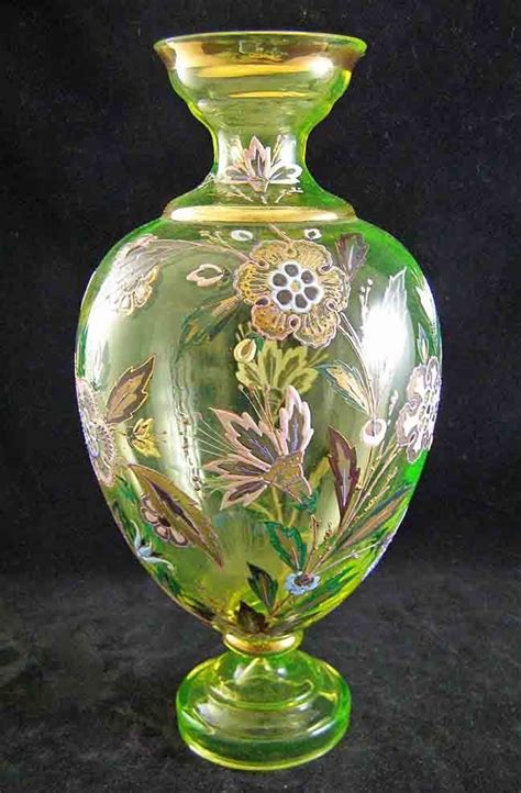 Highly Enameled Decoration Bohemian Canary Vaseline Moser Tall Vase Ebay Vase Glass Art