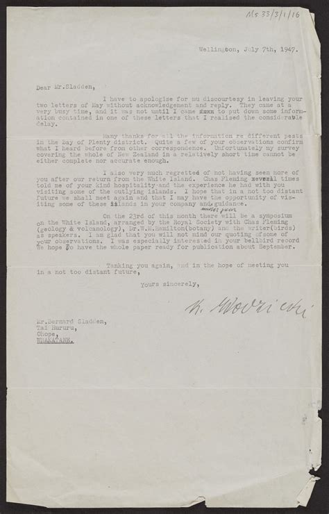 Letter To Bernard Sladden 7 July 1947 Pae Korokī