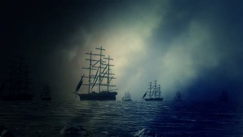Vikings Ships Fleet Sailing To Shore In A Stormy Rainy Day