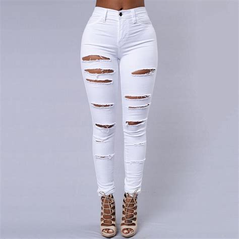 Summer Womens Skinny Jeans Ripped Hole Jean Full Length Torn Pant For