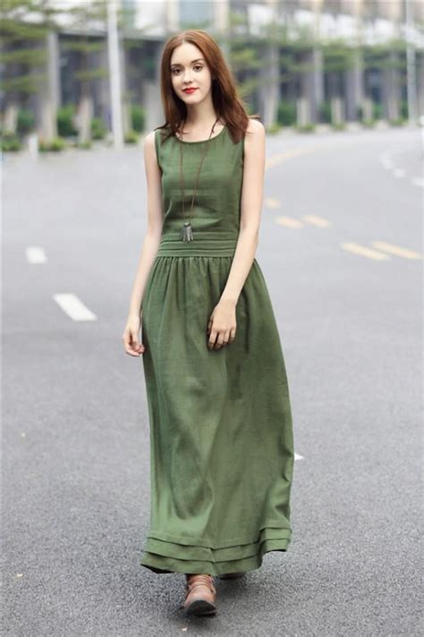 Maxi Green Linen Dress With Pintuck Bottom Many Colors Long Linen Evening Dress Maxi