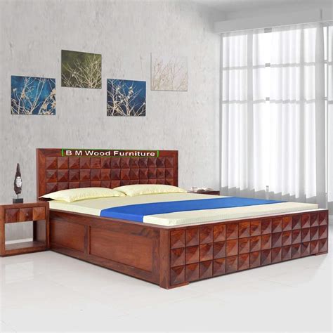 Bm Wood Furniture Sheesham Wood Queen Size Wooden Storage Bed Daimond Design Bed Natural Honey